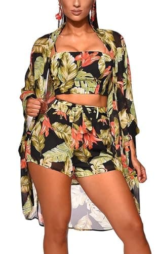 KEYUFANG Women 3 Piece Vocation Outfits Summer Suit Floral Kimono Cardigans Beach Cover Up Crop Cami Top Short Set Black - Image 1