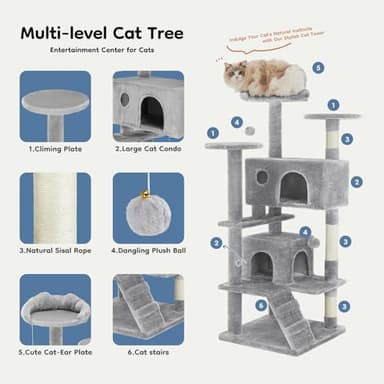 DUMOS 54-inch Indoor Cat Tree Tower –Multi-Level Pet House for Large Cats with 2 Condos, Scratching Posts, Round Platform, Small Ladder, and Toys, Light Grey - Image 4