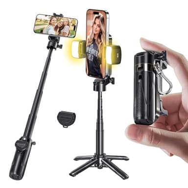 MAGIC JOHN Phone Tripod, Portable Selfie Stick, Pocket Size Tripod for iPhone, Selfie Stick with Wireless Detachable Remote Control & 2 Fill Light for Photograph, Live Streaming, Video Recording - Image 1