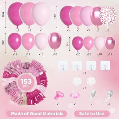 Amandir 153pcs Pink Balloon Garland Arch Kit, Different Sizes 18 12 10 5 inch Hot Pink Latex Metallic Confetti Pink Balloons for Birthday Princess Wedding Baby Shower Party Decorations - Image 2