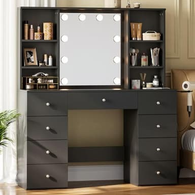 LINSY HOME Vanity with Storage, Black Makeup Vanity with Mirror and Lights, 47" Make Up Vanity Desk with Drawers, Shelves & Charging Station, Modern Large Vanity Table for Bedroom, Women, Girls - Image 2