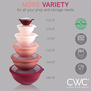 COOK WITH COLOR Mixing Bowls with TPR Lids - 12 Piece Plastic Nesting Bowls Set includes 6 Prep Bowls and 6 Lids, Microwave Safe (Rose) - Image 4