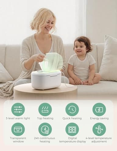 Momcozy New Baby Wipe Warmer, 100pcs Larger Capacity Wipe Dispenser, 10-Min Fast Heating with 4 Temperature Modes, Innovative Spring Design, Silicone & Top Seals,Quick Even Heating, 3-Level Nightlight - Image 8
