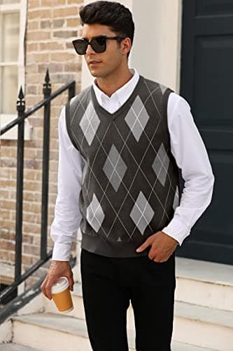 Mens Argyle Knitwear Vest V Neck Sleeveless Casual Slim Fit Pullover Knitted Sweater - Image 2