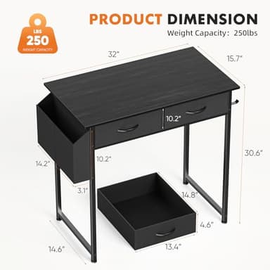 Sweetcrispy Computer Desk Small 32 Inch Home Office Bedroom Writing Study PC Table with Fabric Storage Drawers Space Side Bag Headphone Hook Metal Frame Adjustable Feet Modern Simple Style, Black Wood - Image 3