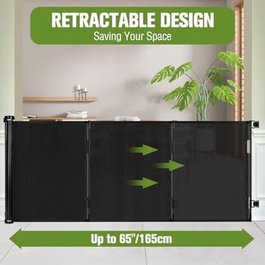 Baby Gate Extra Wide 65" Space Saving Retractable Mesh Gates for Kids or Pets Movable Retractable Baby Gates Indoor Outdoor Retractable Gate Dog Gates for Doorways, Stairs, Black - Image 2