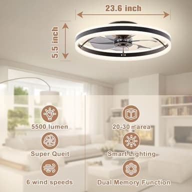 VOLISUN Low Profile Ceiling Fans with Lights and Remote, 23.6in Flush Mount Ceiling Fans with Light, 3000K-6500K Dimmable Fandelier LED Fan Light, Black Bladeless Ceiling Fans with Lights for Bedroom - Image 6