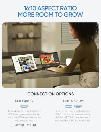 ARZOPA 16" 2.5K Portable Monitor, 2560x1600 QHD IPS Display 123% sRGB with Built-in Stand USB-C HDMI Eye Care External Second Screen for Mac Laptop Phone PS4/5 Xbox Switch -Z1RC - Image 2