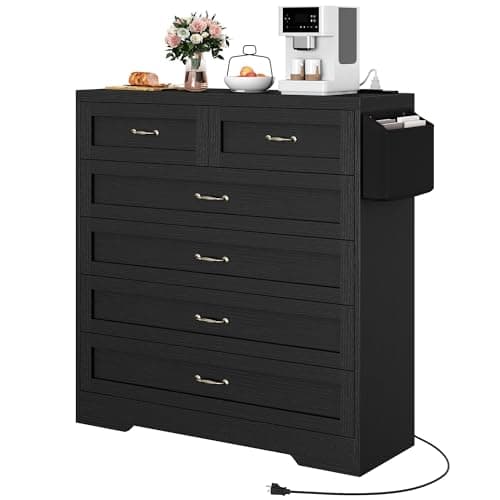 DWVO Black 6 Drawer Dresser, 31.5" W Large Vintage Double Chest of Drawers with Charging Station and Side Organizer Bag, Wood Storage with Retro Metal Handle for 300lbs for Hallway