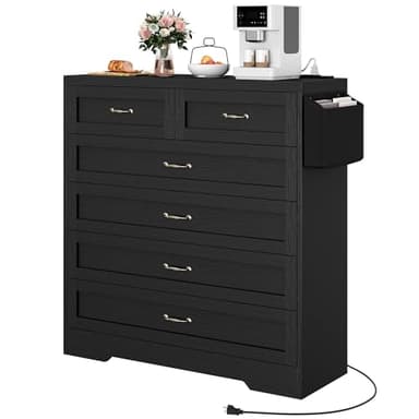 DWVO Black 6 Drawer Dresser, 31.5" W Large Vintage Double Chest of Drawers with Charging Station and Side Organizer Bag, Wood Storage with Retro Metal Handle for 300lbs for Hallway