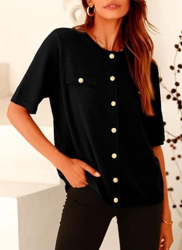 PRETTYGARDEN Women's Summer Button Down Shirts Casual Short Sleeve Crew Neck Ribbed Knit Blouse Top Cardigans (Black,Medium) - Image 4