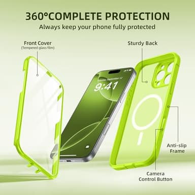 BERFY for iPhone 16 Pro Max Case, Compatible with MagSafe, Built-in 9H Tempered Glass Screen Protector and Camera Protection, Full Body Shockproof Matte Phone case for 16 Pro Max 6.9", Bright Green - Image 8