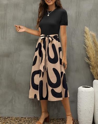 Zattcas Women 2025 Summer Dresses Short Sleeve Ribbed Teacher Church Modest Business Casual Work Outfits Midi Dress with Pockets Blackcc S - Image 4