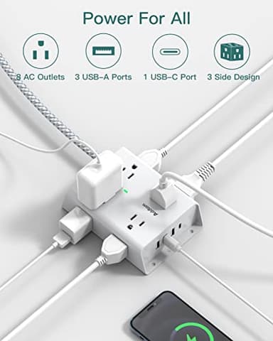 15Ft Long Surge Protector Power Strip, Addtam Extension Cord with 8 AC Outlets and 4 USB Ports(1 USB C), 3-Side Outlet Extender Strip, Flat Plug, Wall Mount, Dorm Home Office Essential, ETL Listed - Image 3