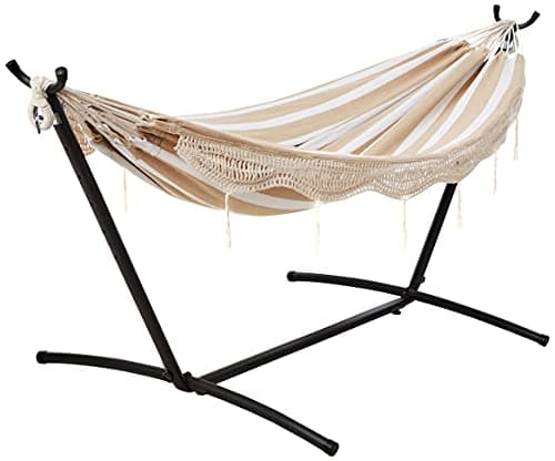 Amazon Basics Double Hammock with 9-Foot Space Saving Steel Stand and Carrying Case, 450 lb Capacity, Beige Stripe with Lace, 110 x 47 x 43 inches - Image 1