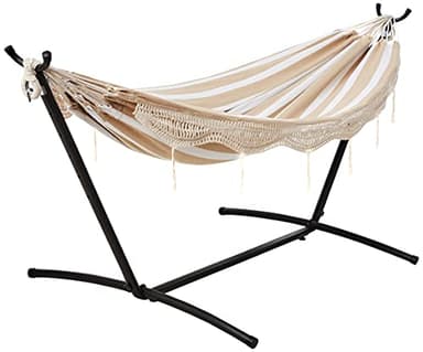 Amazon Basics Double Hammock with 9-Foot Space Saving Steel Stand and Carrying Case, 450 lb Capacity, Beige Stripe with Lace, 110 x 47 x 43 inches - Image 1