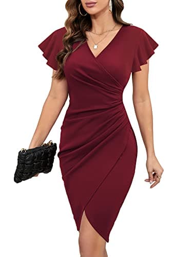 Machico Semi Formal Dresses for Women V Neck Wrap Bodycon Ruched Slit Cocktail Dresses with Sleeve Wine-red - Image 1