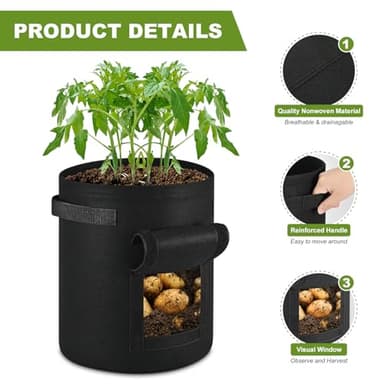 5 Pack Potato Growing Bags, 10 Gallon Non-Woven Gardening Bags with Reinforced Handles, Heavy Fabric Planters with Harvest Window, Great for Growing Tomatoes, Vegetables, and Fruits in the Garden - Image 3