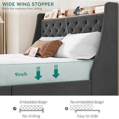 YITAHOME Queen Upholstered Platform Bed Frame with Wingback Headboard and 4 Storage Drawers, Built-in Outlets and USB Ports, Sturdy Wood Slats, No Box Spring Needed - Gray - Image 3