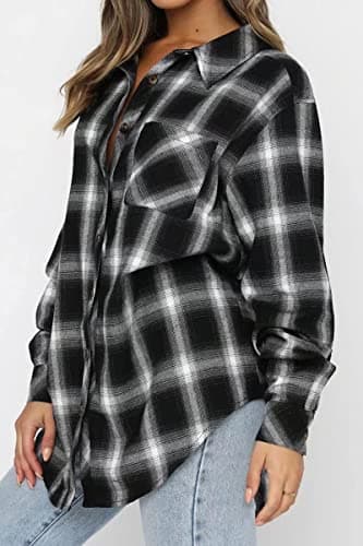 CHYRII Womens Button Down Flannel Shirts Long Sleeve Plaid Shacket Business Casual Tops Black L - Image 6