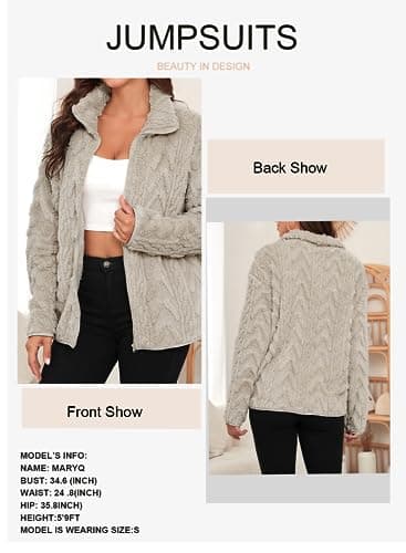 Dokotoo Ladies Winter Jackets Zip Up Fuzzy Long Sleeves Oversized Side Pockets Loose Fit Short Coats Baggy Warm Fall Clothes 2025,Khaki Large - Image 3