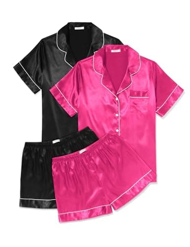Ekouaer 2 Pack Womens Pajama Sets Summer Pjs Satin Sleepwear Short Sleeve Button Down Pjs Top and Shorts Sleep Set Black+Rose,Large - Image 1