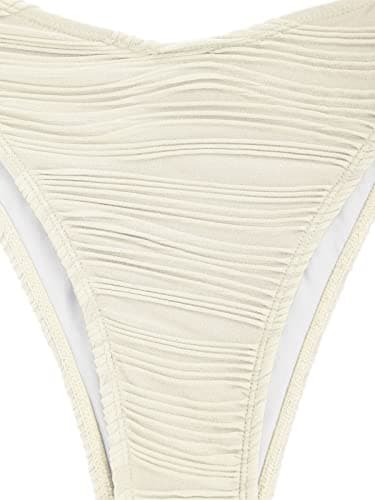 ZAFUL Women Strapless Textured Bandeau Bikini 2 Piece Swimwear Cheeky Solid Lace up Bathing Suits(1-Beige,M) - Image 6