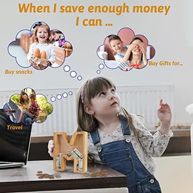 Piggy Bank for Kids Boys Girls, Large Personalized Wooden Letter Piggy Bank with Cut-Out Design, Alphabet Letter Coin Banks, Money Savings Box, Wooden Bank for Kids Creative Gift for Real-Money(K) - Image 5