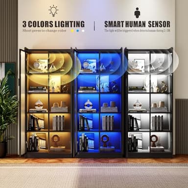 Display Cabinet with Doors and Adjustable Shelves, 65" Tall Bookcase with LED Lights/Human Sensor, 5 Tier Display Case for Collectibles Bedroom Living Room Office, Black - Image 3