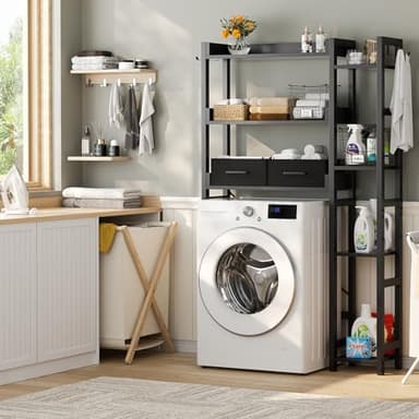 Over The Toilet Storage with 2 Drawers - 7 Tier Bathroom Organizer with Adjustable Shelf, Freestanding Space Saver Storage Rack Above Toilet Stand with 4 Hooks for Restroom, Laundry, Black - Image 7
