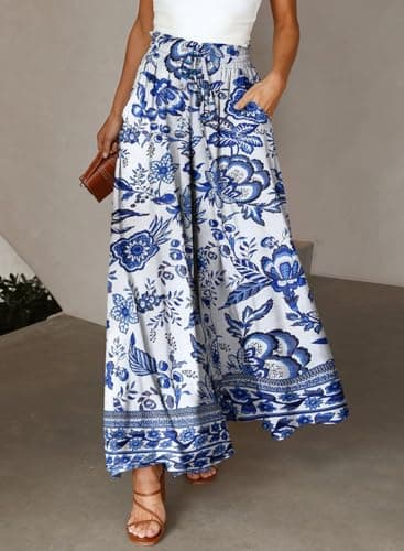 Dokotoo Womens Fashion Fall 2025 High Waist Drawstring Wide Leg Long Pants with Pockets Blue and White Porcelain Print Oversize Soft Lounge Yoga Trousers for Women Office Beach Pants Blue XL - Image 2