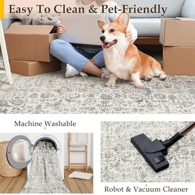 PureCozy Taupe Area Rug 6x9 Machine Washable Vintage Living Room Distressed Non Slip Carpet Traditional Indoor Bedroom Retro Floral Accent Throw Large Rug for Office Kitchen Dining Room - Image 4