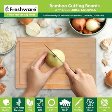 Freshware Freshware Bamboo Cutting Boards for Kitchen with Juice Groove [Set of 2] Wood Cutting Board for Chopping Meat, Vegetables, Fruits, Cheese, Knife Friendly Serving Tray with Handles - Image 2