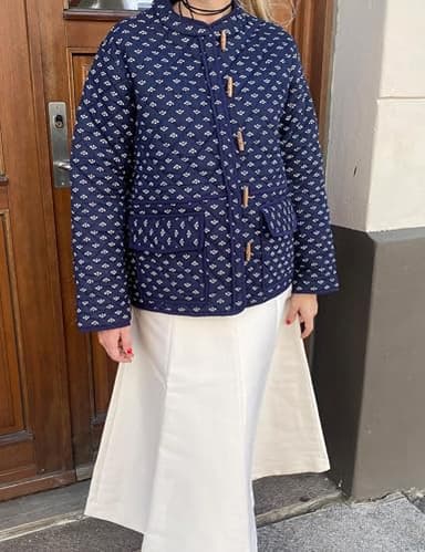 Dqbeng Womens Quilted Jacket Lightweight Floral Print Button Down Padded Puffer Cardigan Coat Outwear (Navy-L) - Image 6