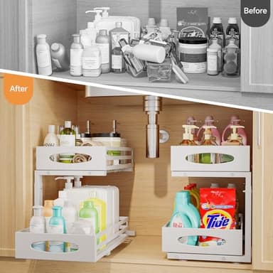 mixeshop Under Sink Organizer, 2 Tier Under Sink Organizers and Storage, Adjustable Height, Slide out Metal Cabinet Organizers, Pull out Cabinet Storage Drawer Shelf for Kitchen Bathroom White, 2 Pack - Image 3