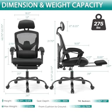 DUMOS Home Office Desk Chair with Footrest, High-Back Mesh Rolling Swivel Reclining Chairs with Wheels, Comfortable Headrest, Lumbar Support, Comfy Arms for Home, Office, Gaming, Student, Black - Image 3