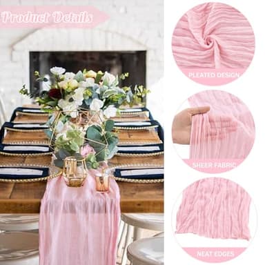 6 Pieces Pink 10FT Cheesecloth Table Runner Boho Gauze Fabric Table Runner Rustic Sheer Runner for Wedding Birthday Baby Shower Party Boho Table Decoration（Pink） - Image 2