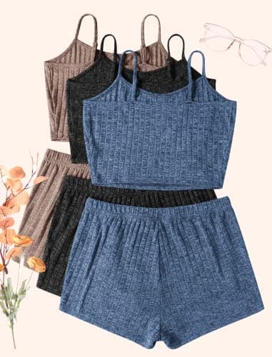 Ekouaer 3 Sets for Women Ribbed Pajamas Crop Cami Top and Shorts Pjs Casual Sleeveless Button Lounge Set Sleepwear Khaki/Black/Plain Blue,Large - Image 3