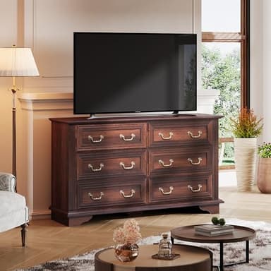WLIVE Wood Dresser for Bedroom with 6 Drawer, 51.97'' Wide, Farmhouse Long Storage Dresser Organizer with Roman Metal Handle, TV Stand for 60 inch TV, Chest of Drawers for Living Room, Hallway, Brown - Image 8