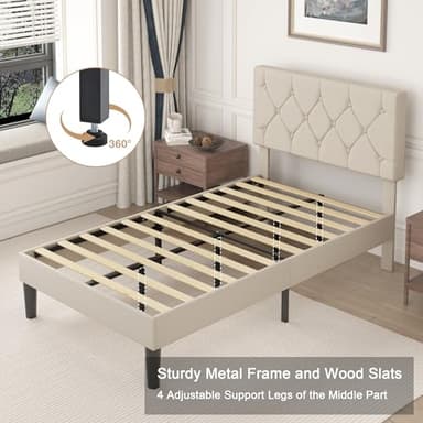 VECELO Twin Size Bed Frame with Button Tufted Headboard, Upholstered Platform Bedframe with Wood Slat Support, No Box Spring Needed, Beige - Image 7