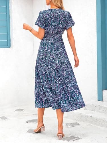 MASCOMODA Summer Maxi Dresses for Women 2025 Casual V Neck Puff Short Sleeve Smocked Flowy Beach Boho Long Floral Dress(Floral Purple Green,Medium) - Image 7