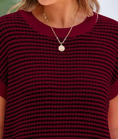 PRETTYGARDEN Womens Short Sleeve Sweater Spring Summer 2025 Round Neck Striped Pullover Cap Sleeve Knit Sweater Vest Tops(Wine Red,Small) - Image 6