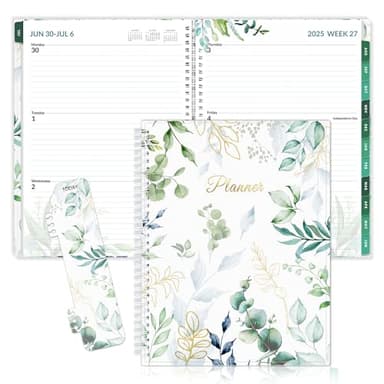 SUNEE Academic Planner 2025-2026 Weekly and Monthly, July 2025-June 2026, 8.5"x11", Tabs, Note Pages, Pockets, Bookmark, Flexible Cover, Spiral Binding, Greenery - Image 1