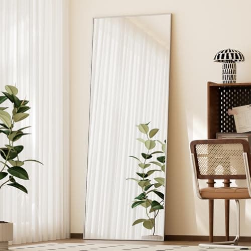 BEAUTYPEAK Full Length Mirror with Stand, 56"x21" Floor Mirror with Aluminum Alloy Thin Frame, ShatterVue Tempered Full Body Mirrors, Free Standing or Wall-Mounted Mirrors for Living Room, Silver - Image 1