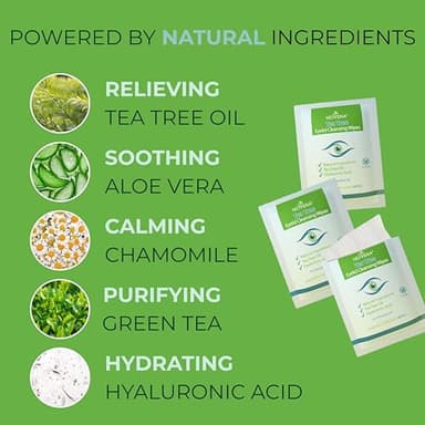 NOVEHA 180PCs Tea Tree Oil Eyelid & Lash Wipes With Hyaluronic Acid, Green Tea & Chamomile For Blepharitis & Itchy Eyes, Individually Wrapped Eyelash Wipes Natural Makeup Remover & Daily Cleanser - Image 4