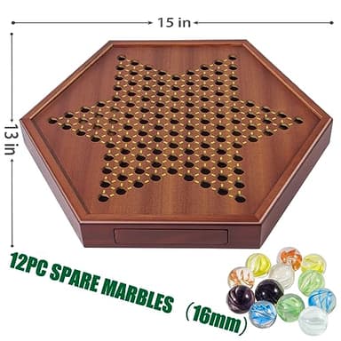 VAMSLOVE Chinese Checkers 15" Large Upgraded Version Wooden Game Board, 16mm 60+12 Colorful Glass Marbles, Easy Grasping for Adults and Kids, w/Storage Drawer, Fun for Family Gathering - Image 3