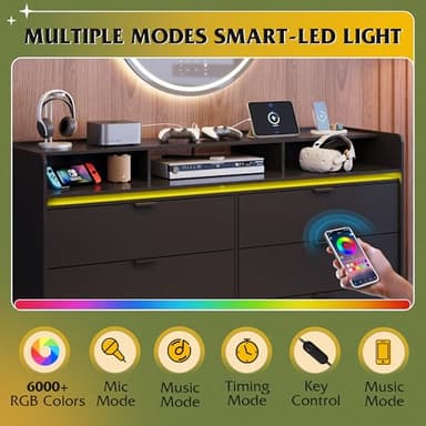 WLIVE 9 Drawer Led Dresser for Bedroom, 58.35'' Black Wood Dresser Storage Organizer with Power Outlets for 65'' TV, Dressers with Open Shelves, Chest of Drawers for Closet, Living Room - Image 5