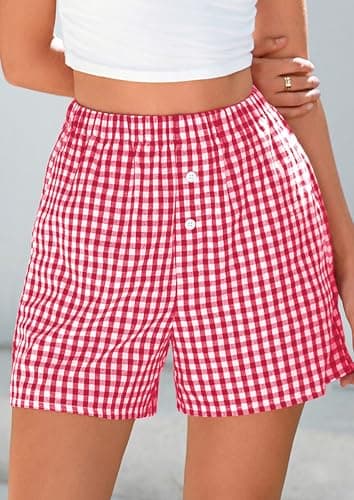 PRETTYGARDEN Womens Shorts Boxers 2025 Summer Gingham Pajama Lounge Sleep Y2K Plaid Pj Shorts Beach Bottoms(Red,Large) - Image 7