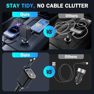 4 in 1 Retractable Car Chargers with Starlight, 66W USB C Fast Car Charger Adapter with 2 USB Ports for All iPhone 15/14/13/12/11 and for All Android (Black - RedLight) - Image 6