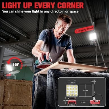 Crodless Work Light Compatible with Milwaukee 18V Battery, MtiolHig Portable LED Light 6000K 48W 4800 Lumen Flood Light Flashlight Battery with USB-A & Type C Emergency for Camping, Workshop - Image 5
